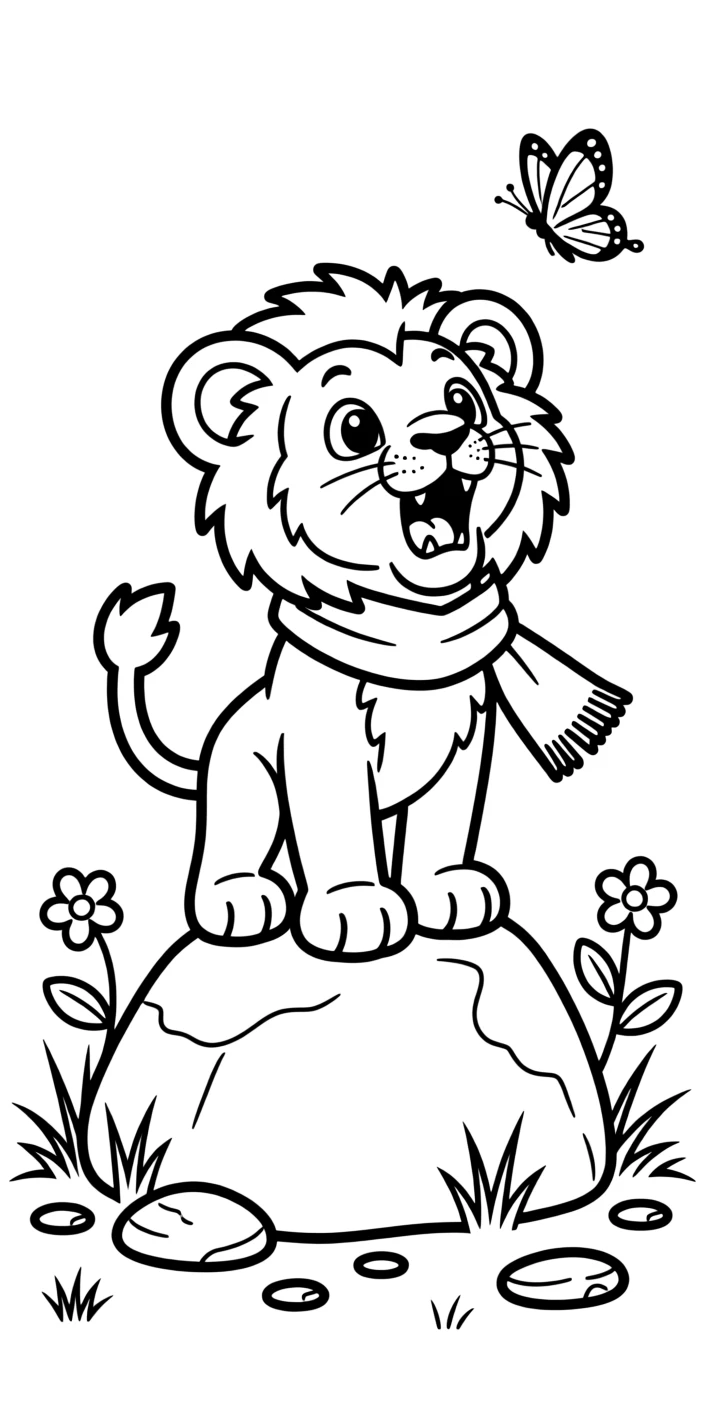 A baby lion cub practicing a roar on top of a rock