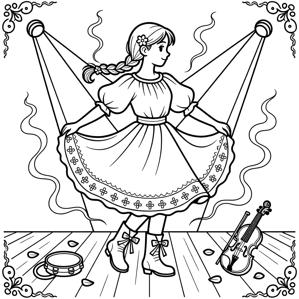 A folk dancer twirling in a flowing traditional skirt, with smoke and colored lights swirling around the stage.