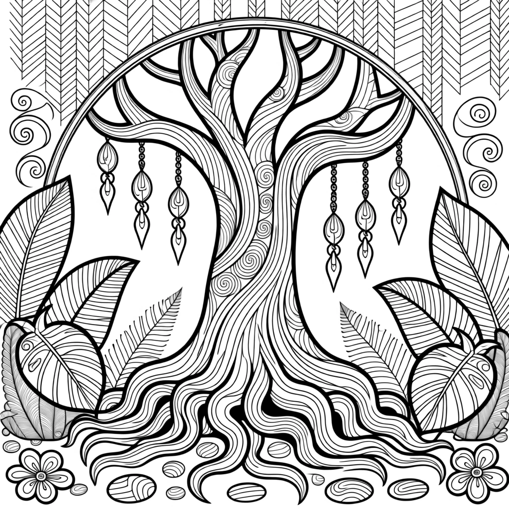 A banyan tree with sprawling aerial roots forming a natural archway.