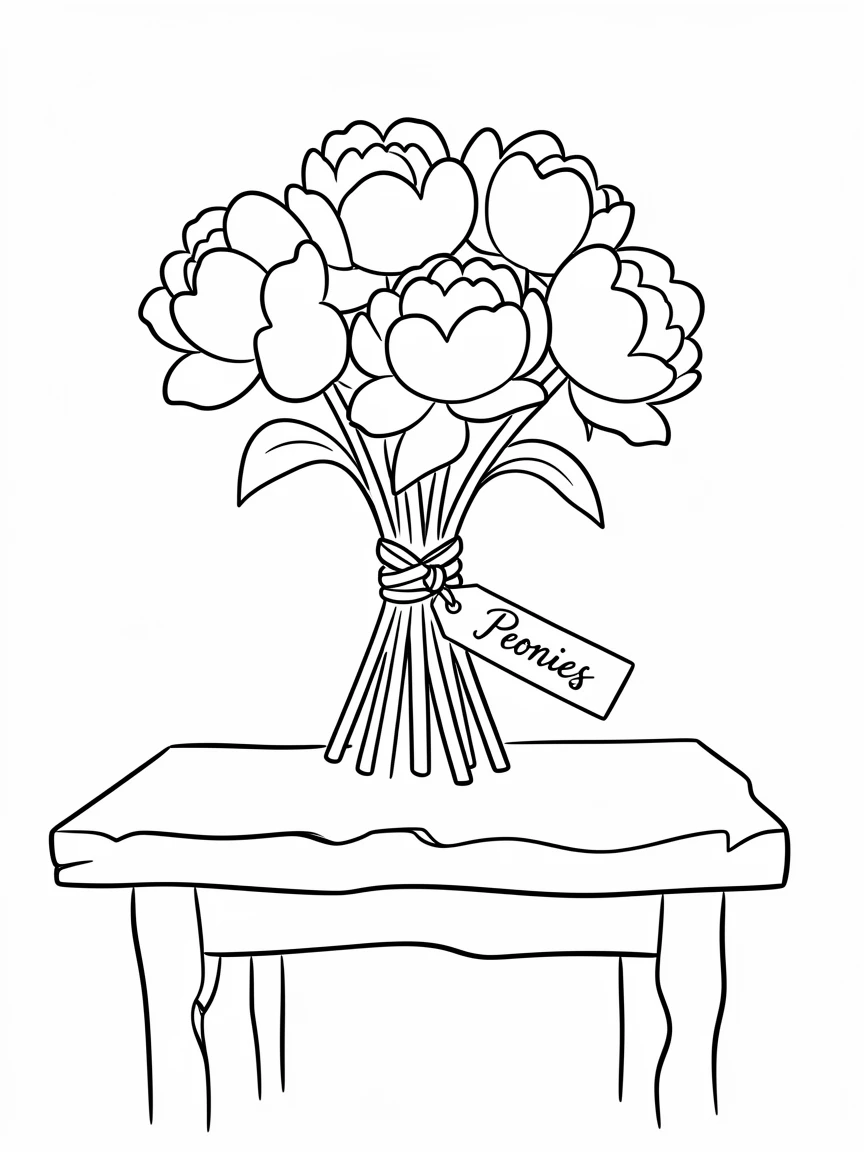 A bouquet of peonies tied with twine resting on a rustic table