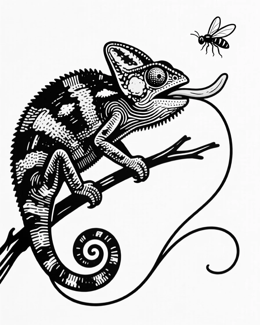 A chameleon perched on a branch, tongue extended toward a hovering insect.