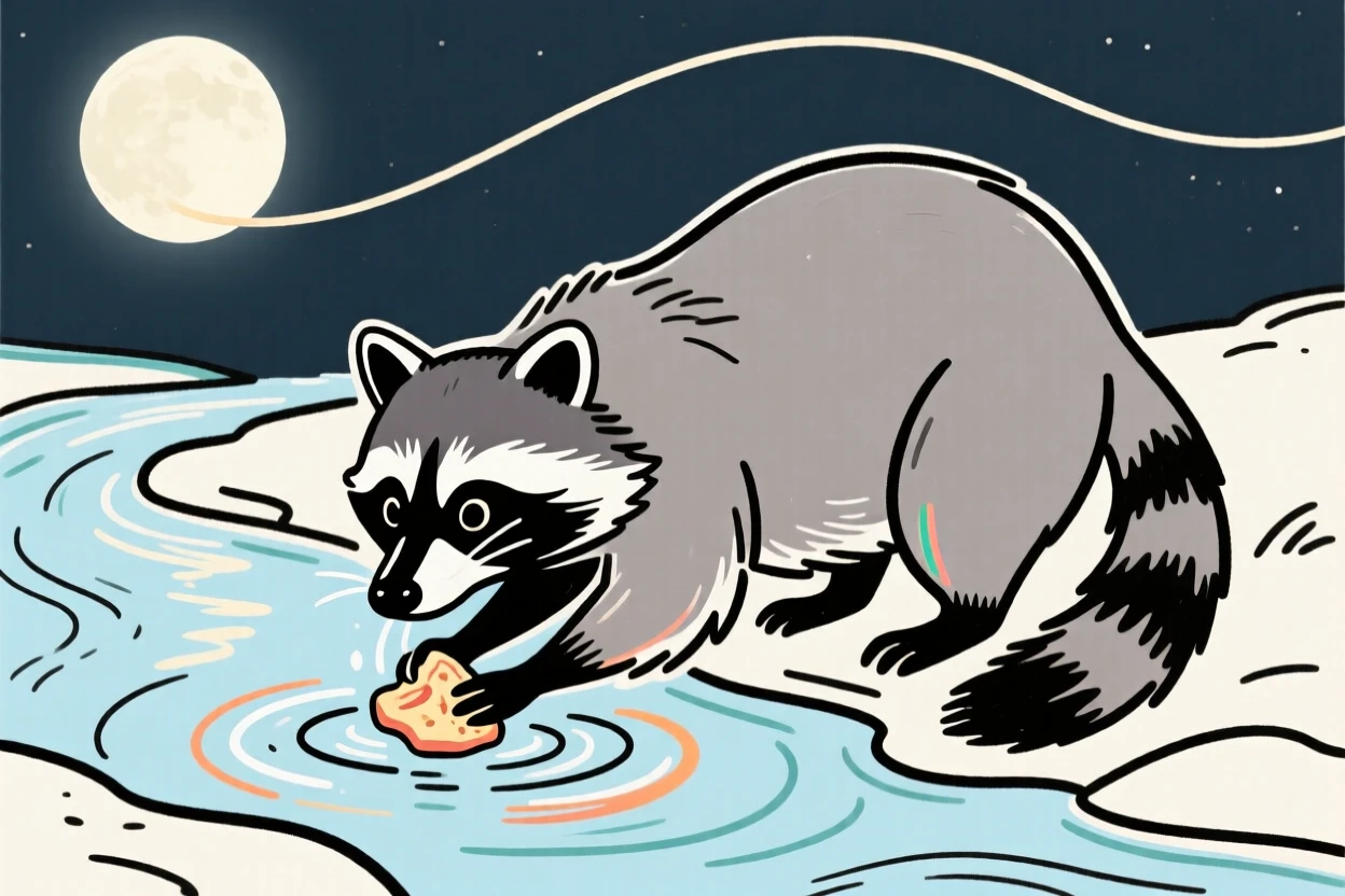 A raccoon washing a piece of food in a moonlit stream.