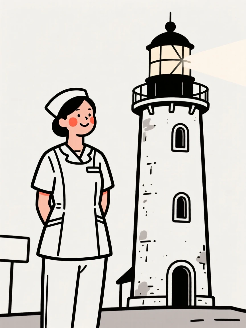 A nurse of hawaiian heritage smiling at the end of a long day, looking serene and at peace, beside an old lighthouse.