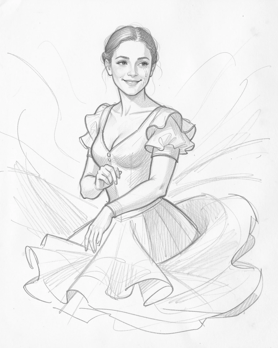 A tender portrait of a graceful flamenco dancer, with a single tear of joy on their cheek, amid swirling desert sand.