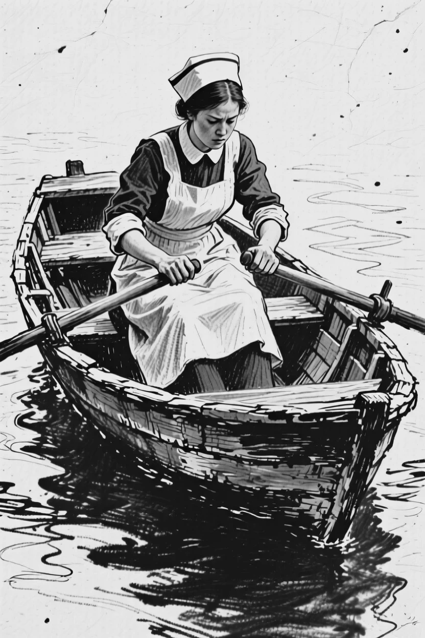 A nurse working intently with focused concentration, in an old wooden rowboat.