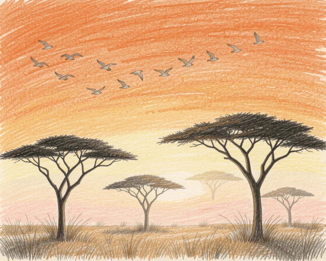 A savanna at dawn with acacia trees silhouetted against an orange sky, as birds glide silently overhead in the fading light, capturing a fleeting, magical moment in nature.