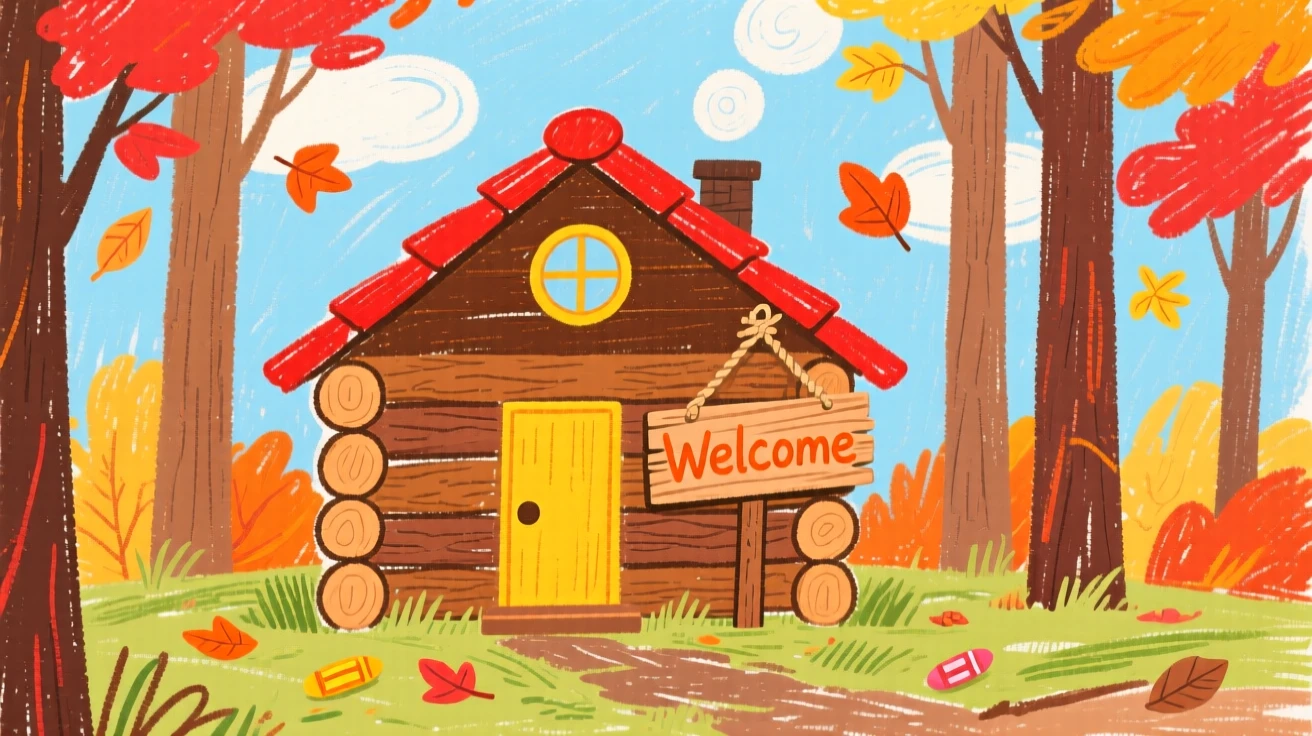 A log cabin framed by tall autumn colored trees.