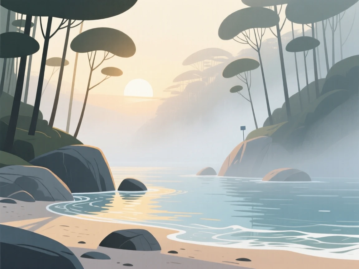 A misty hidden cove at sunrise with soft light filtering through the treetops.