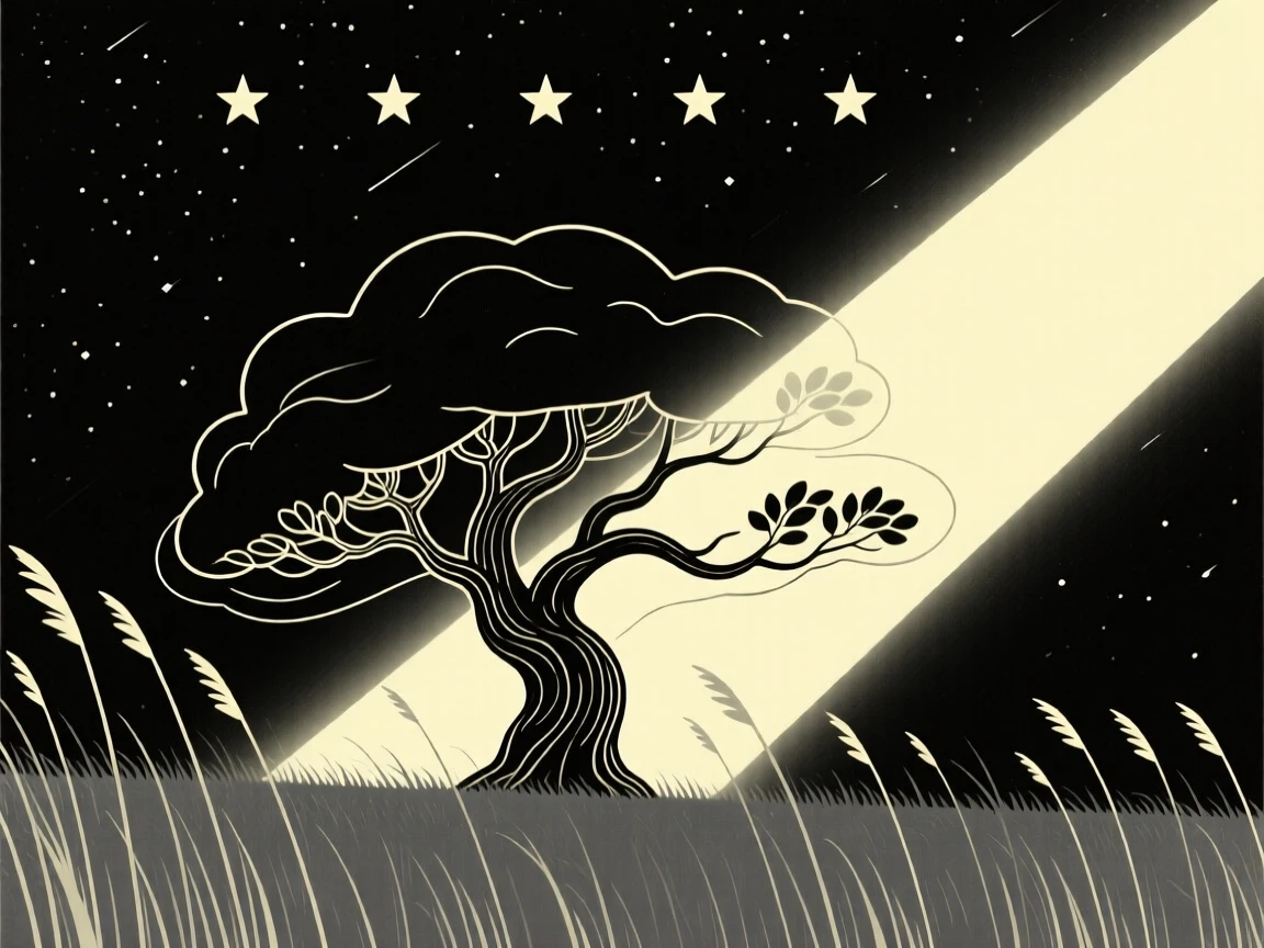 Sunlight falling across a starlit desert as an ancient oak tree moves slowly past tall grass bending in the wind, evoking quiet solitude.