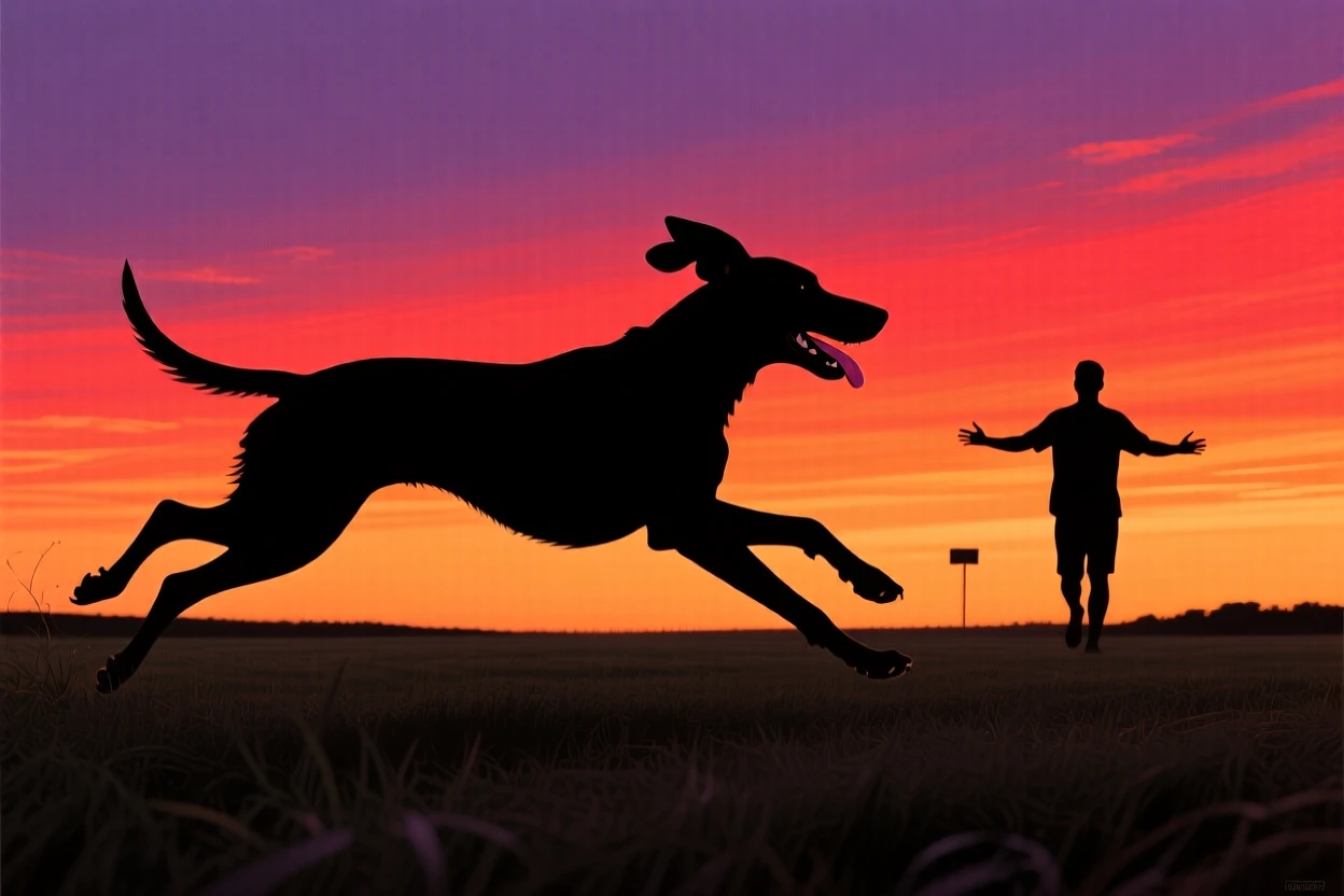 A dog sprinting full speed across an open field toward its owner, ears flapping, tongue out.