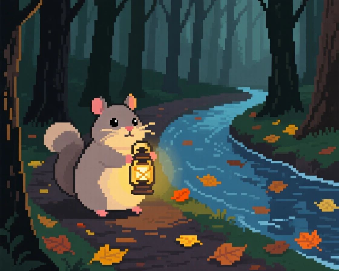 A chubby chinchilla holding a lantern on a dark forest path, on a riverbank scattered with fallen leaves.
