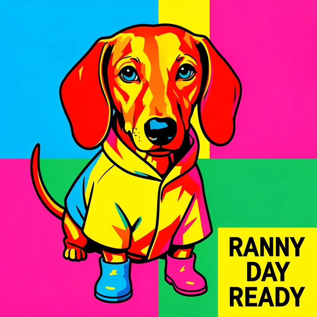 Dachshund wearing a tiny raincoat and boots