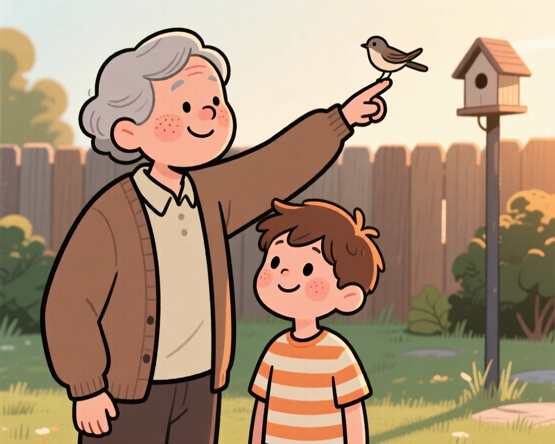 A grandparent shows a eager grandson how to identify birds by their calls in the quiet backyard, both taking their time as the afternoon sun warms their shoulders.