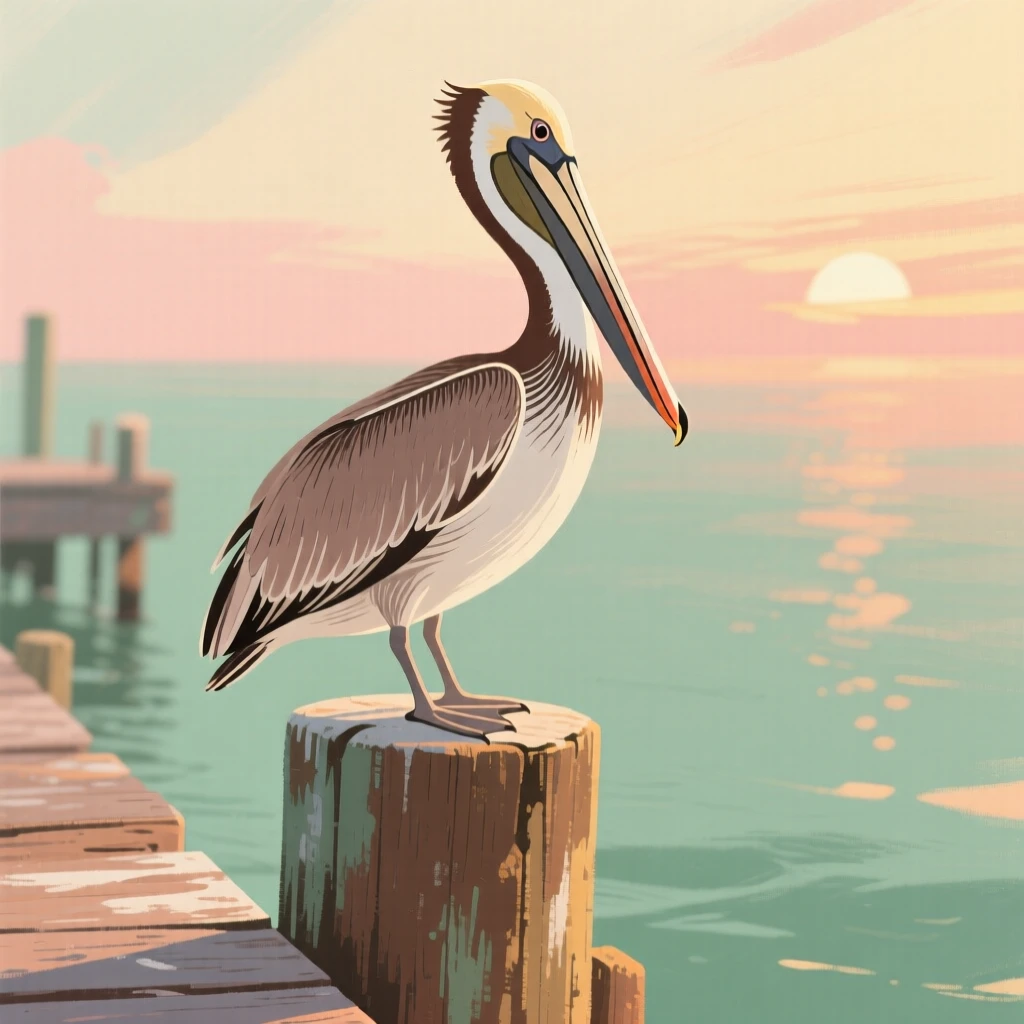 A pelican perched on a wooden pier post at sunset