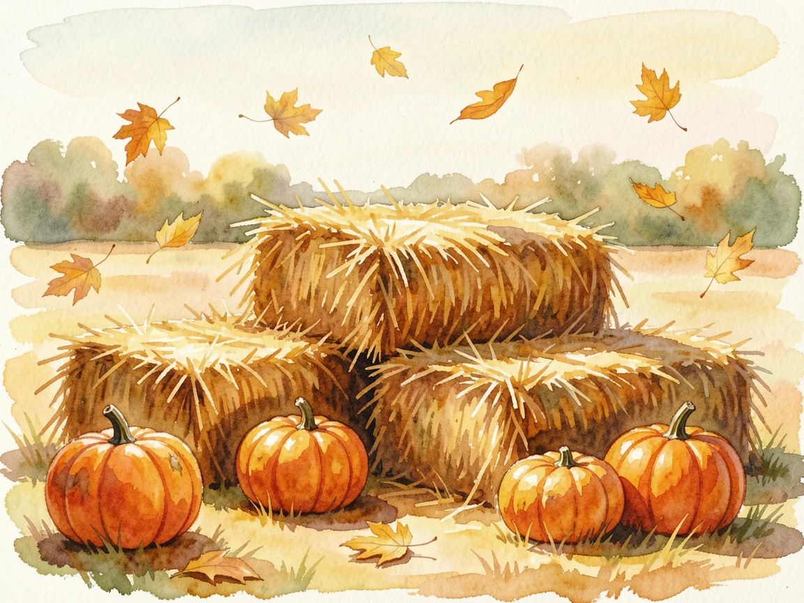 A harvest festival with hay bales and pumpkins as golden autumn leaves drift in the breeze.