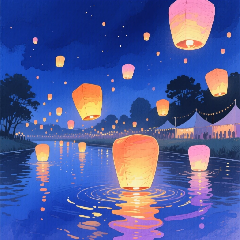 Paper lanterns float above a river during a nighttime festival, reflections shimmering across the dark water