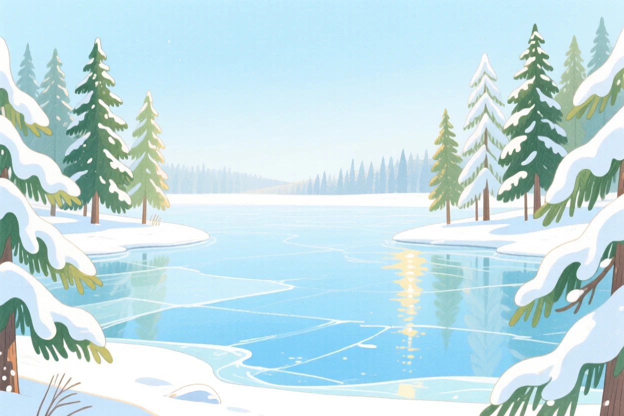 A frozen lake surrounded by snowy pines, peaceful and vast, under a blanket of winter snow.
