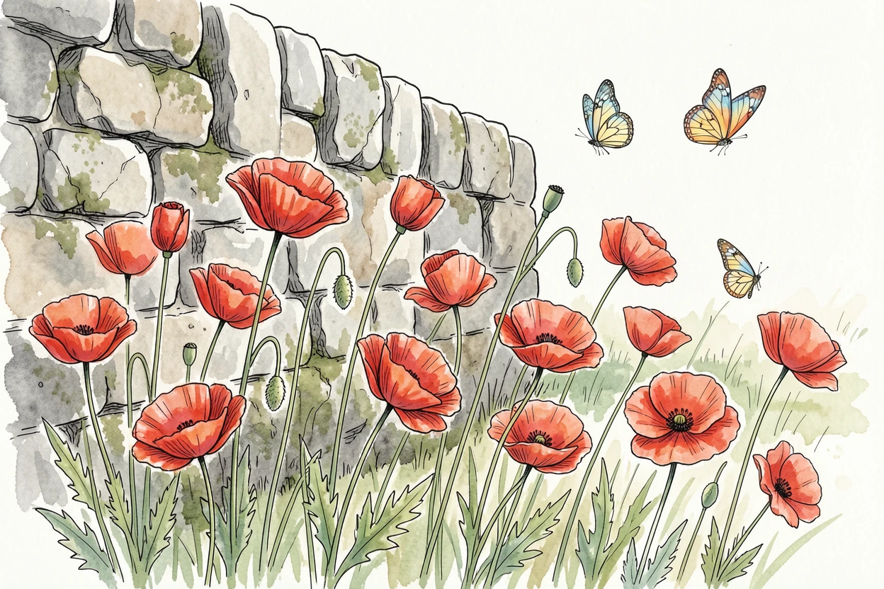 A field of red poppies swaying beside an old stone wall, butterflies drifting between the blooms