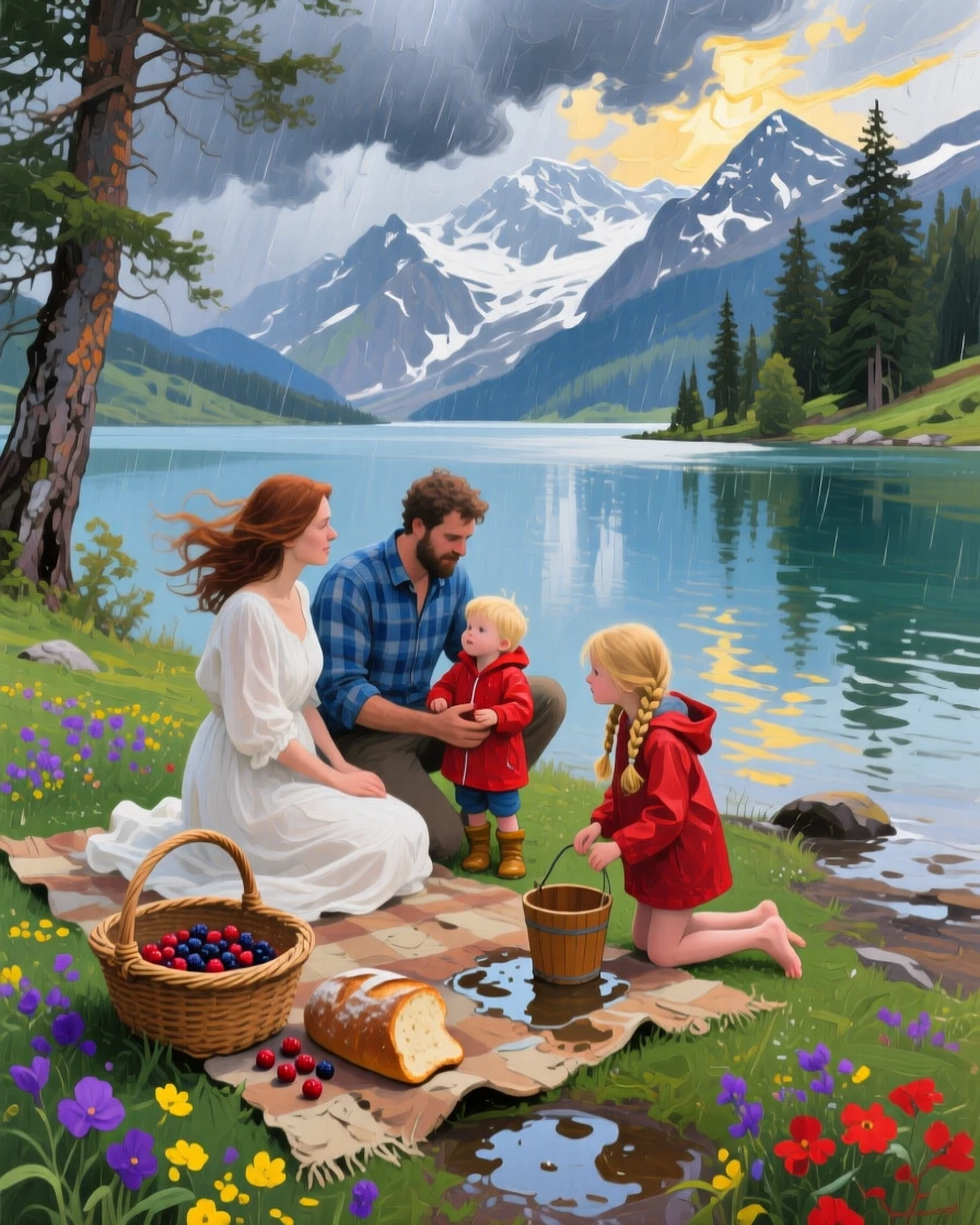 a family resting beside an alpine lake, just after a summer storm, with layered visual detail from foreground to horizon.