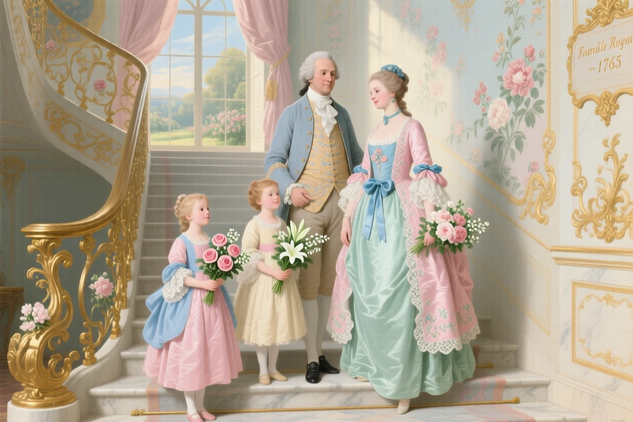 A family portrait on a palace staircase with children holding tiny bouquets  