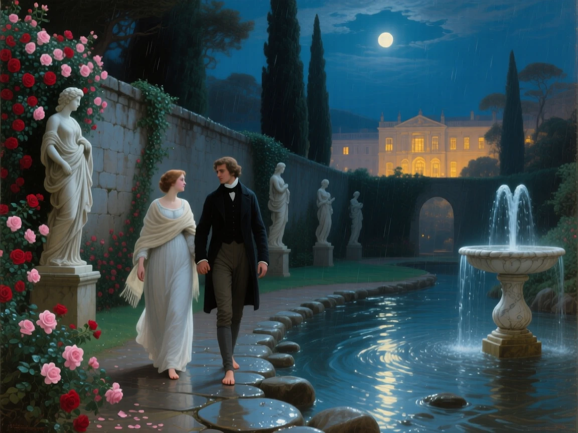 Beside a rain-swollen stream, Two lovers in a moonlit walled garden, walking hand in hand beside a fountain, surrounded by climbing roses, marble statues, and a palace glowing beyond the cypress trees; smooth stones and luminous water fill the lower foreground, the scene suggests resilience after hardship.