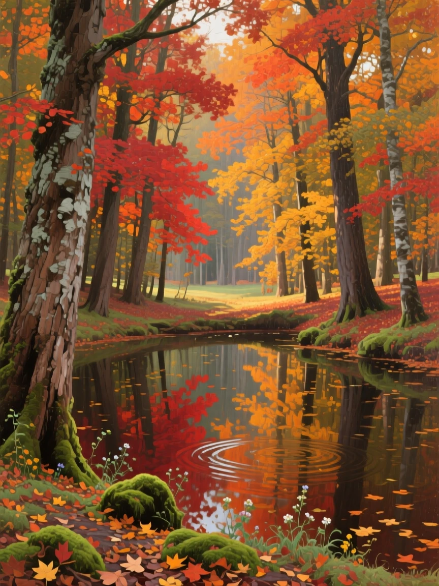 An autumn forest ablaze with red, orange, and gold foliage, with reflections doubling the beauty of the landscape, radiating tranquility and the timeless beauty of the natural world
