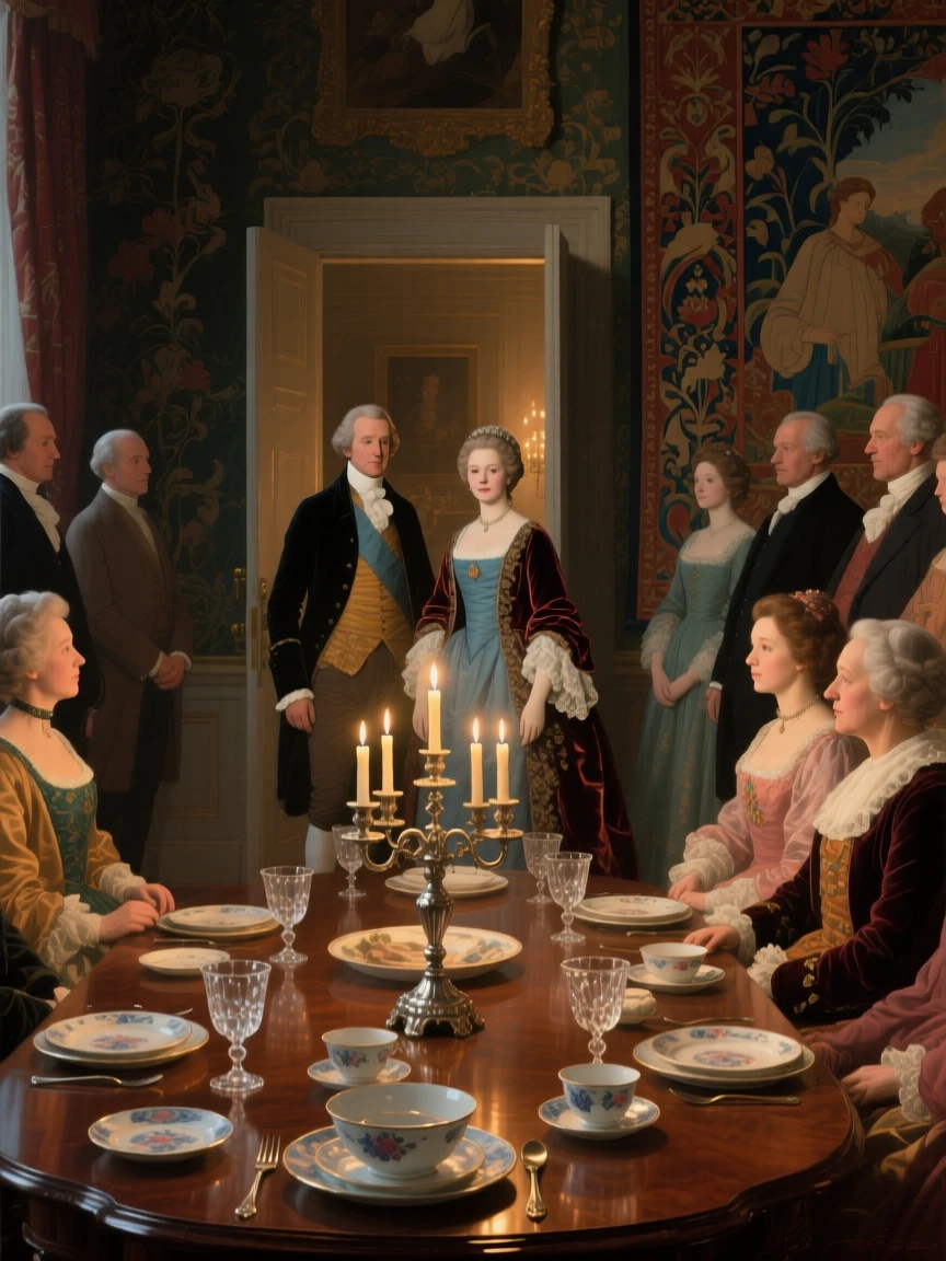 A count and countess receiving guests at a candlelit ballroom entrance during a rare and cherished family gathering, set in a richly furnished drawing room with tapestried walls, with fine china, crystal goblets, and candelabras adorning the table; the composition arranges figures in a graceful arc around the focal couple, capturing the warmth of family bound by legacy.