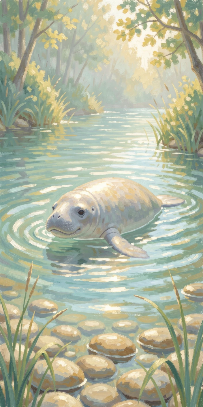 A gentle manatee gliding through the clear, sunlit waters of a quiet spring-fed river.