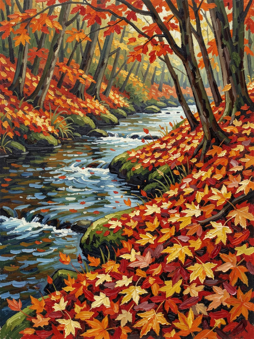 Autumn leaves in fiery reds and oranges blanketing a forest floor beside a slow-moving stream.