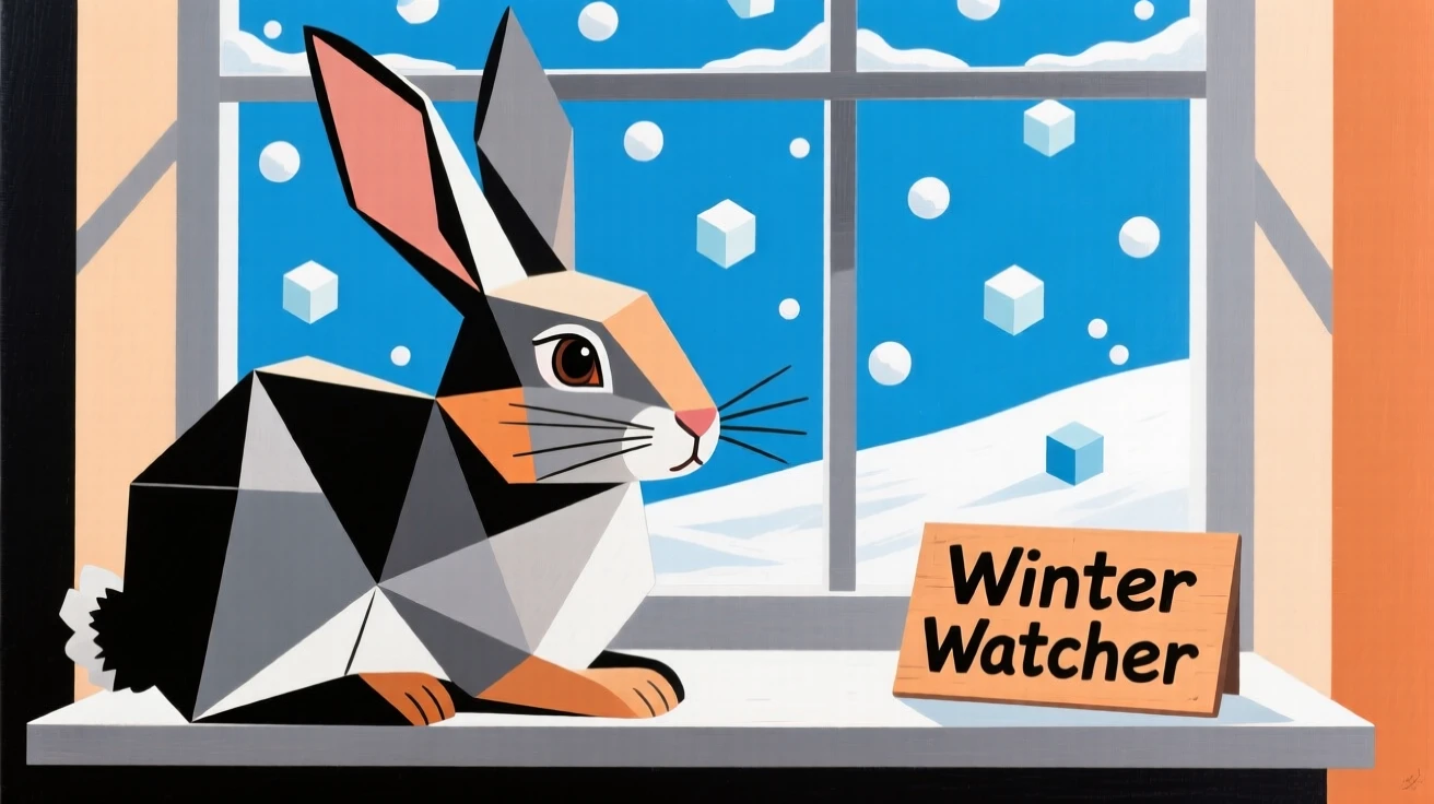 A charming close-up of a curious rabbit resting on a windowsill watching falling snow on a bright afternoon.