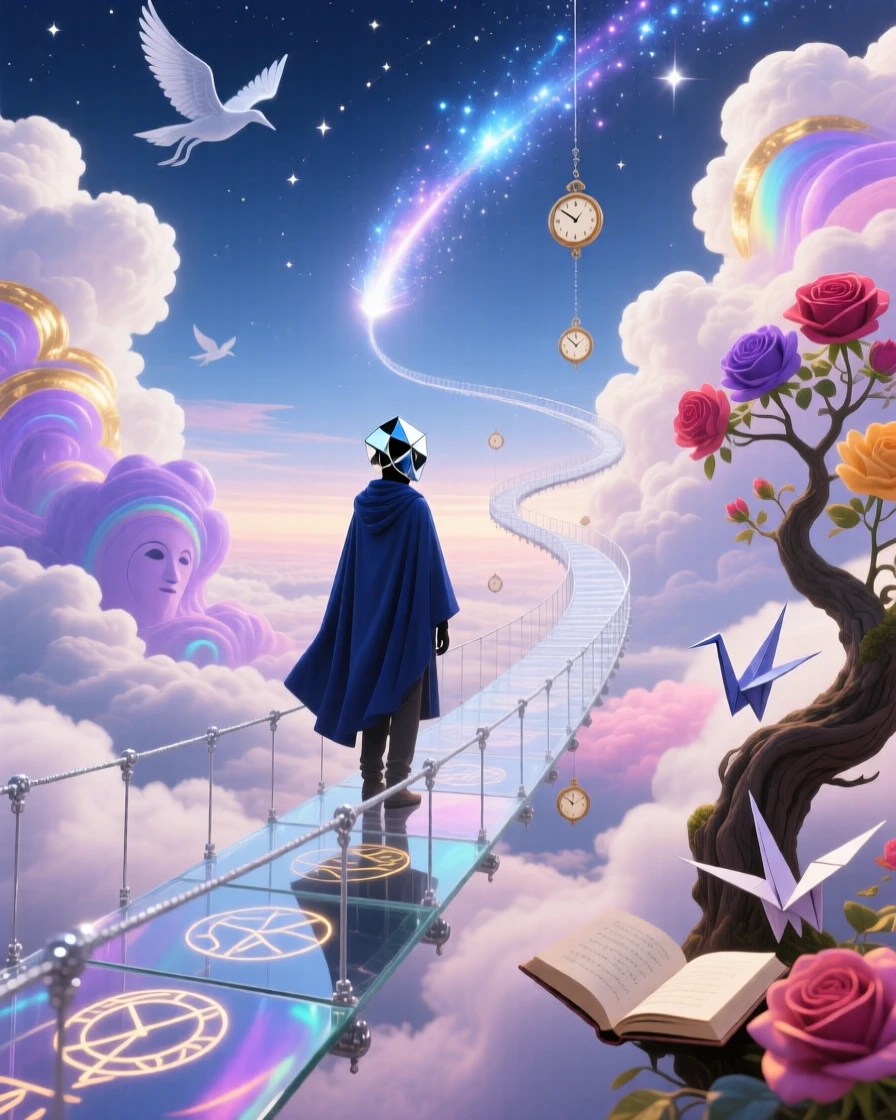 A lone traveler crossing a bridge suspended between two clouds stands quietly beneath a wide and endless sky, while a faint trail of light marks the path behind them.