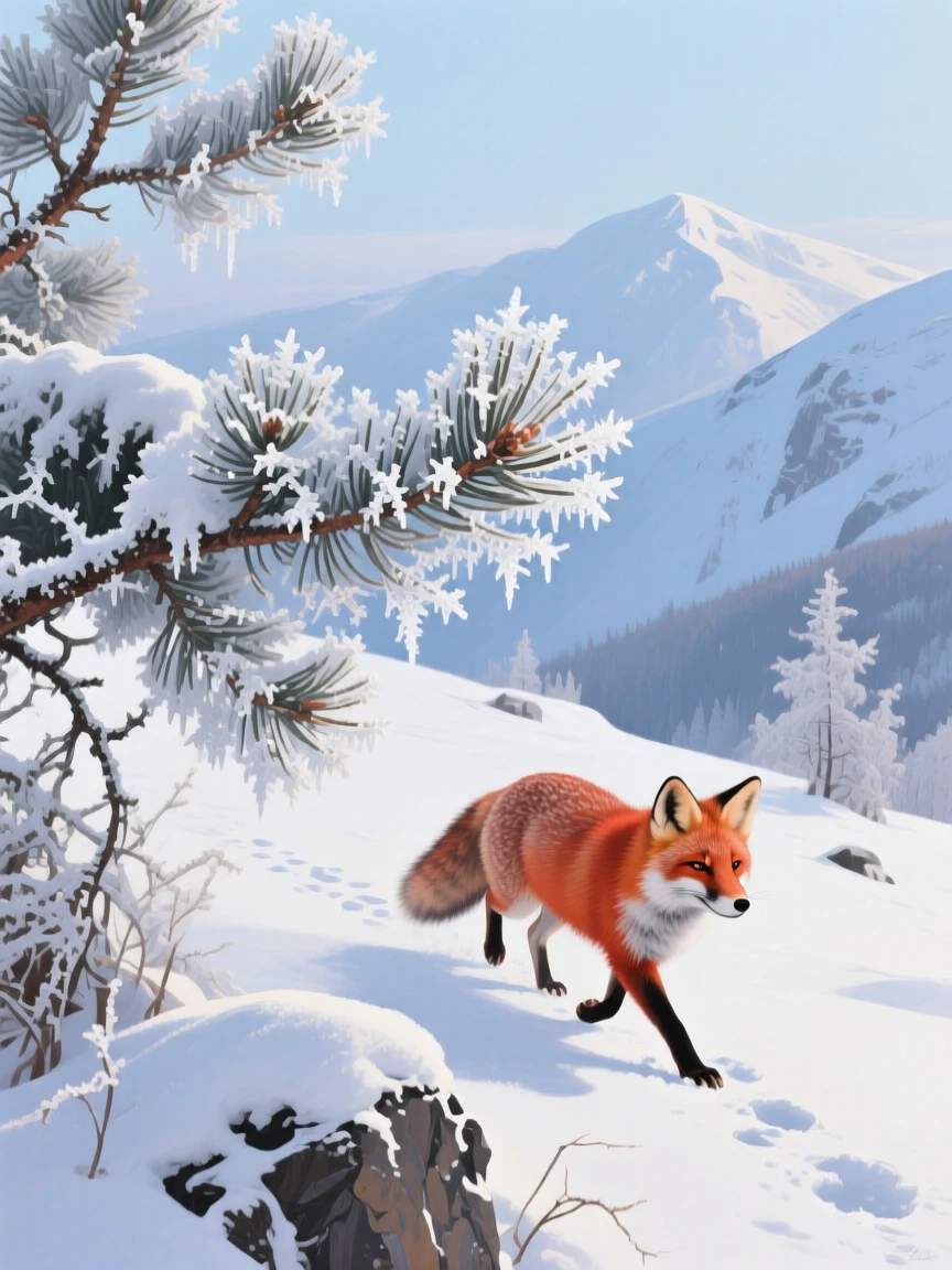 A close-up composition captures frost-covered pine branches on a mountainside in Siberia, their needles rimmed in ice crystals, with a red fox trotting through fresh snow just beyond the trees.