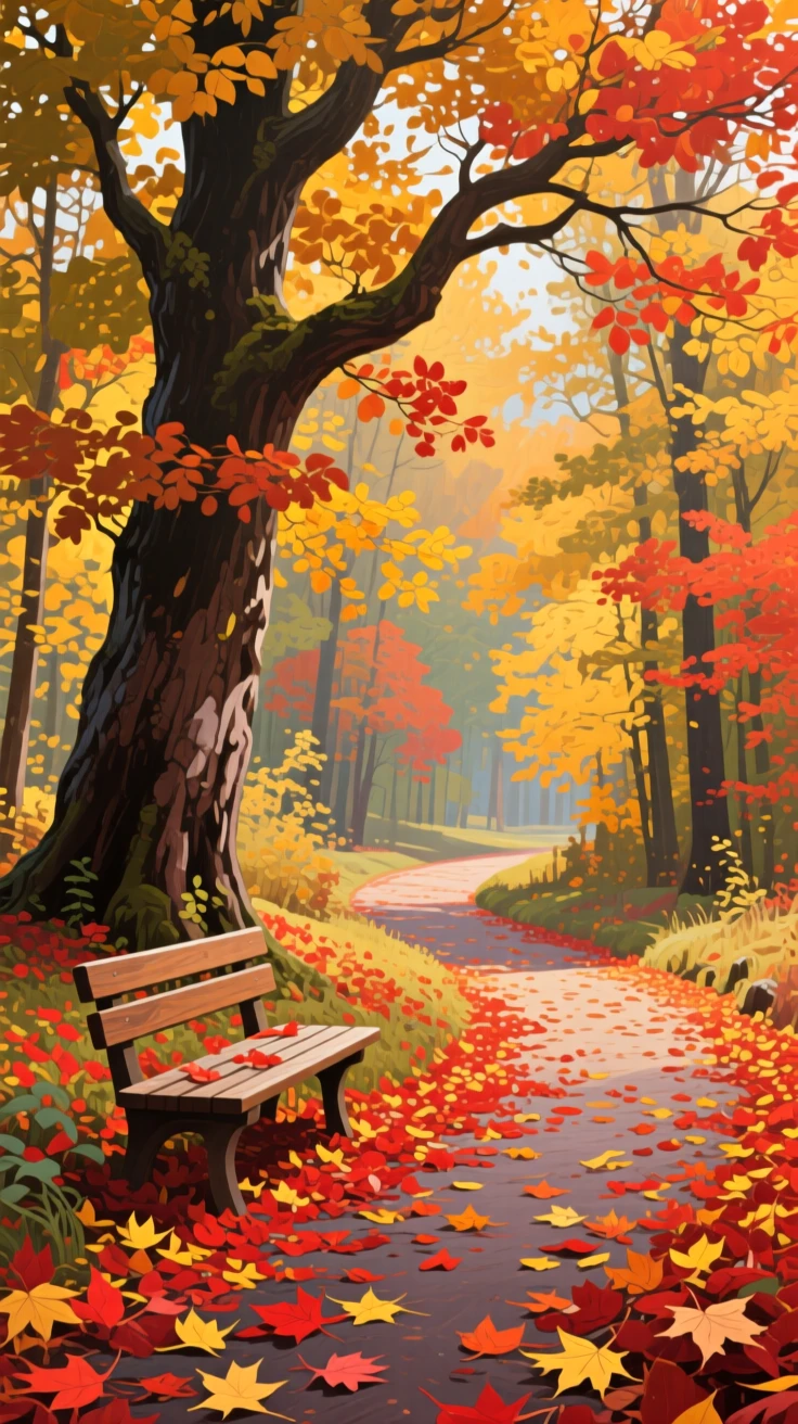 A quiet autumn forest path covered in fallen crimson and gold leaves, a wooden bench beneath an old oak