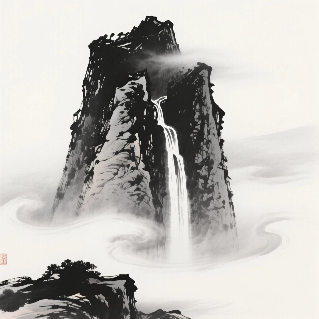 a jagged limestone peak, emerging from morning haze, with a waterfall cascading down its face.