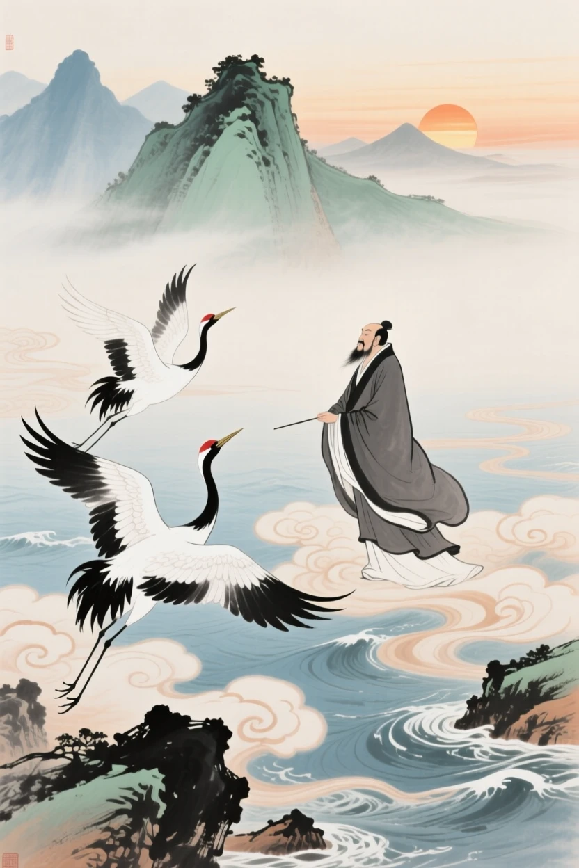 Immortal cranes carrying a robed sage across a sea of clouds, carrying a mood of wistful nostalgia, as the sun sets behind distant peaks, through a light drifting mist.