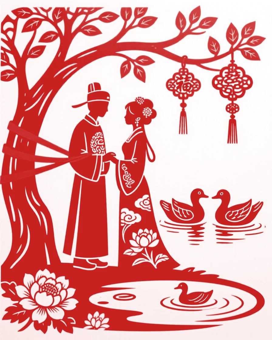 A betrothed couple tying a red ribbon around a wishing tree branch, a pair of mandarin ducks swimming nearby in quiet witness.