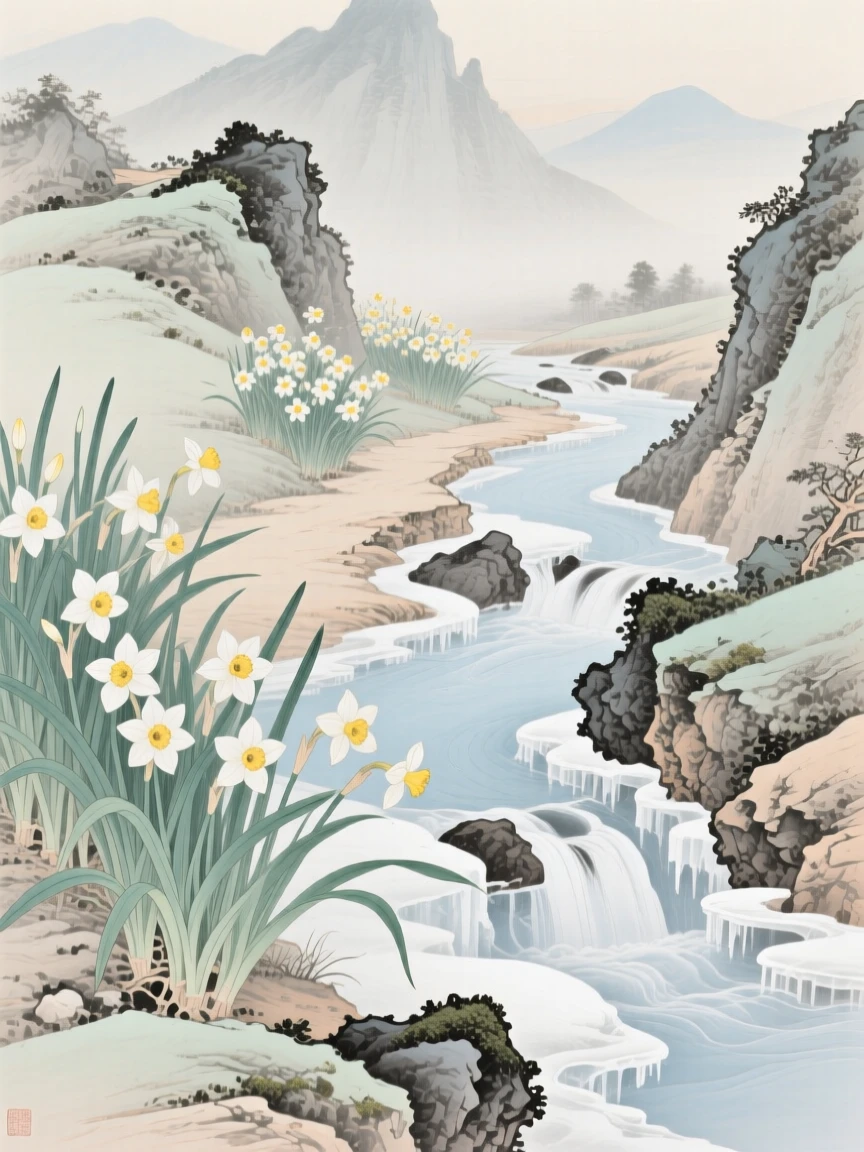 Narcissus blooming beside a frozen stream growing wild along a mountain trail