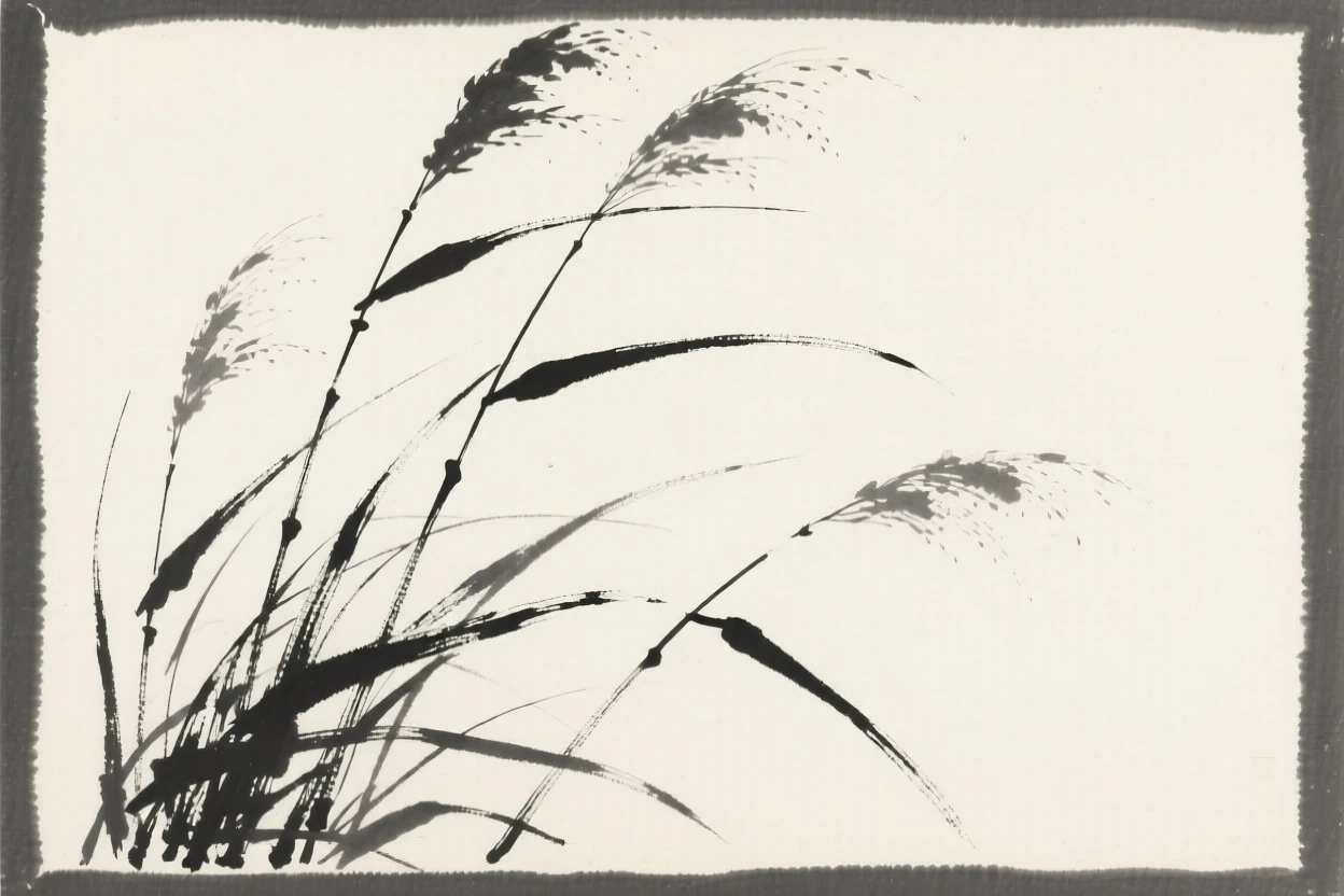 A stand of autumn reeds against a soft, empty backdrop, framed asymmetrically for quiet visual balance, evoking quiet elegance and simple grace.