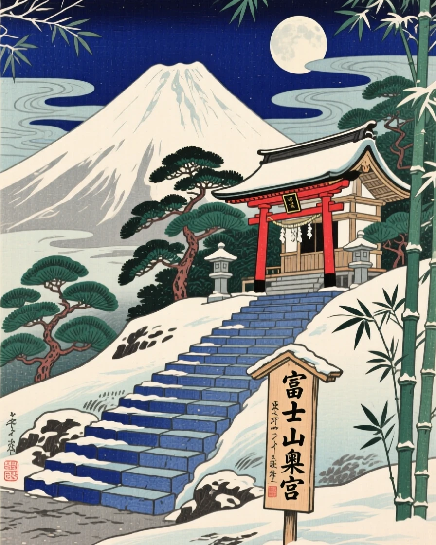 A snow-capped peak, with a winding stone staircase to a hilltop shrine, under a full moon.