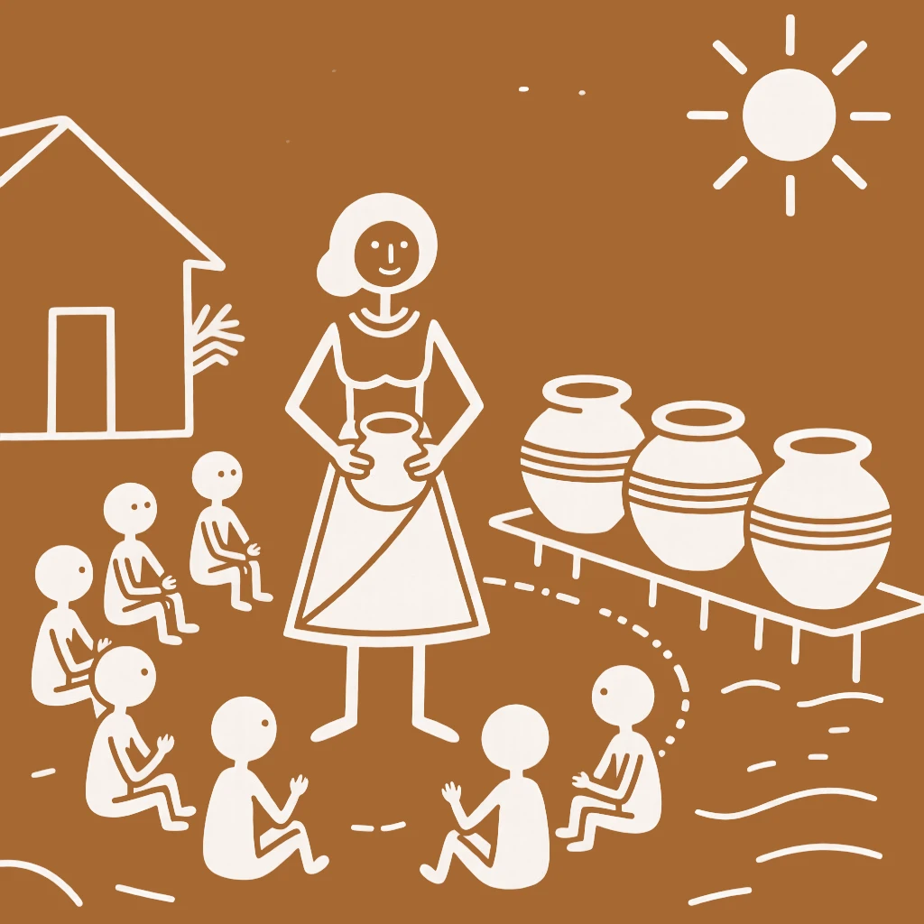 A village matriarch gathering for an evening meeting by a row of clay pots drying in the sun.