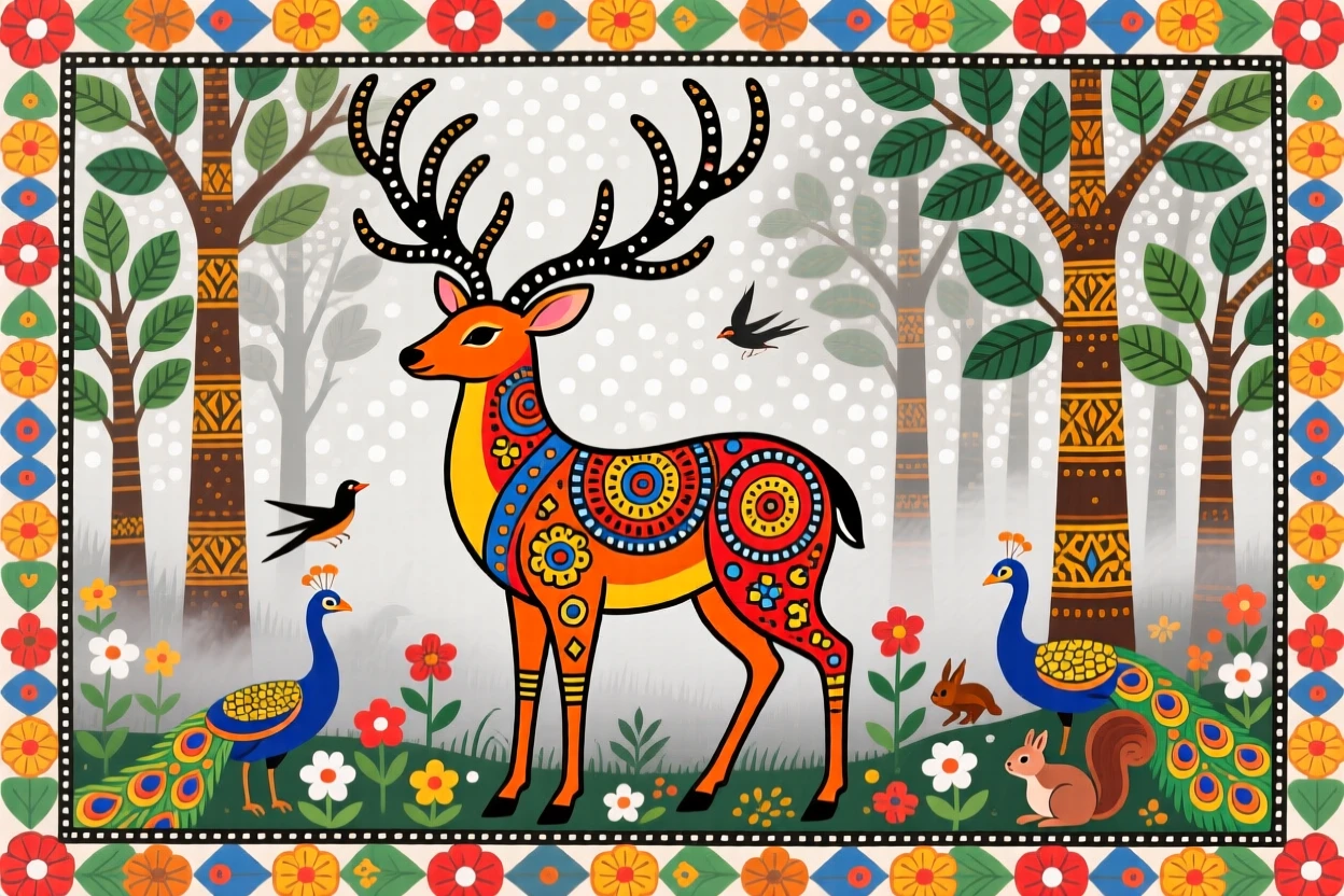 A stag with wide antlers standing alert at the edge of a misty forest.