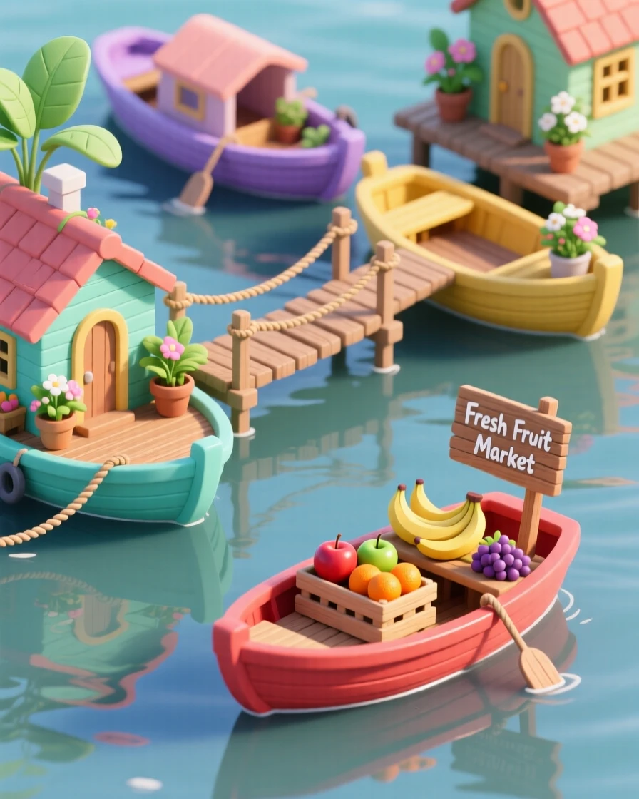 A floating houseboat village connected by rope bridges, each boat painted a different color, with potted plants on the decks and a floating market boat selling fruit nearby.