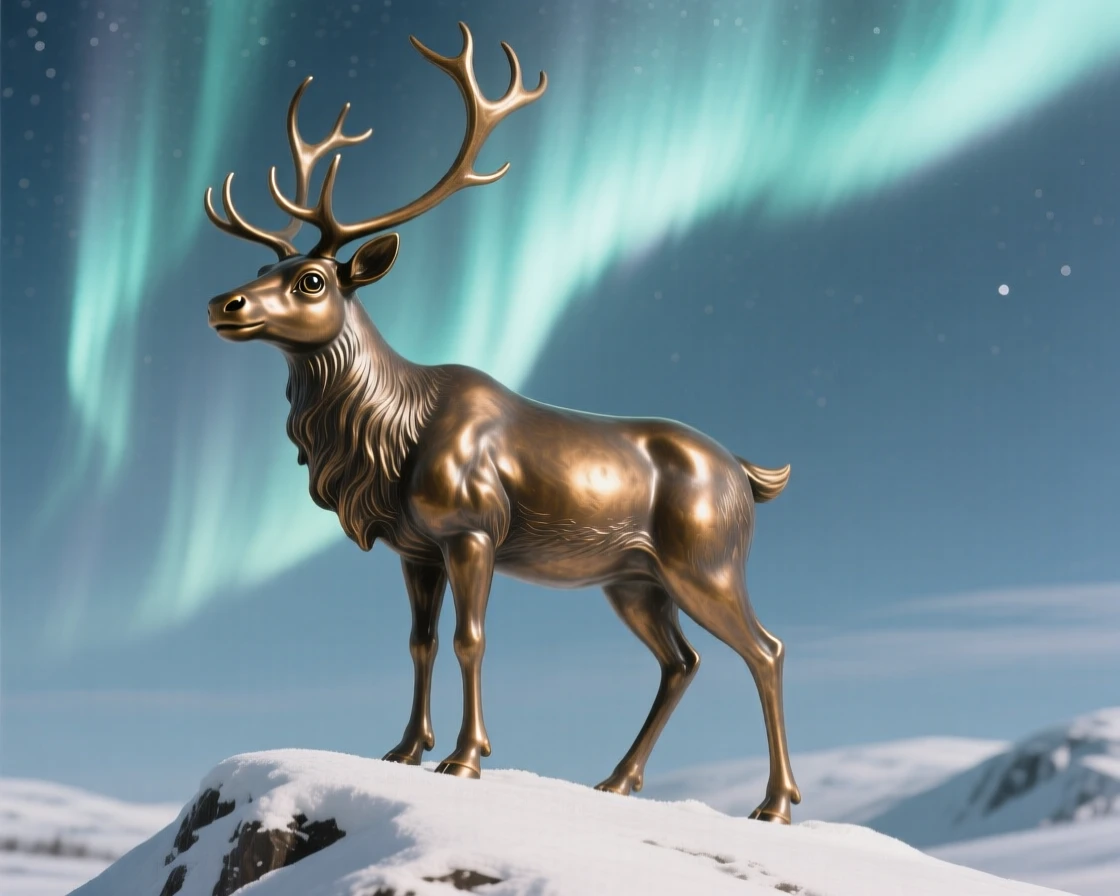 A majestic reindeer standing atop a snowy ridge beneath the aurora, with striking, expressive eyes, evoking wonder and majesty