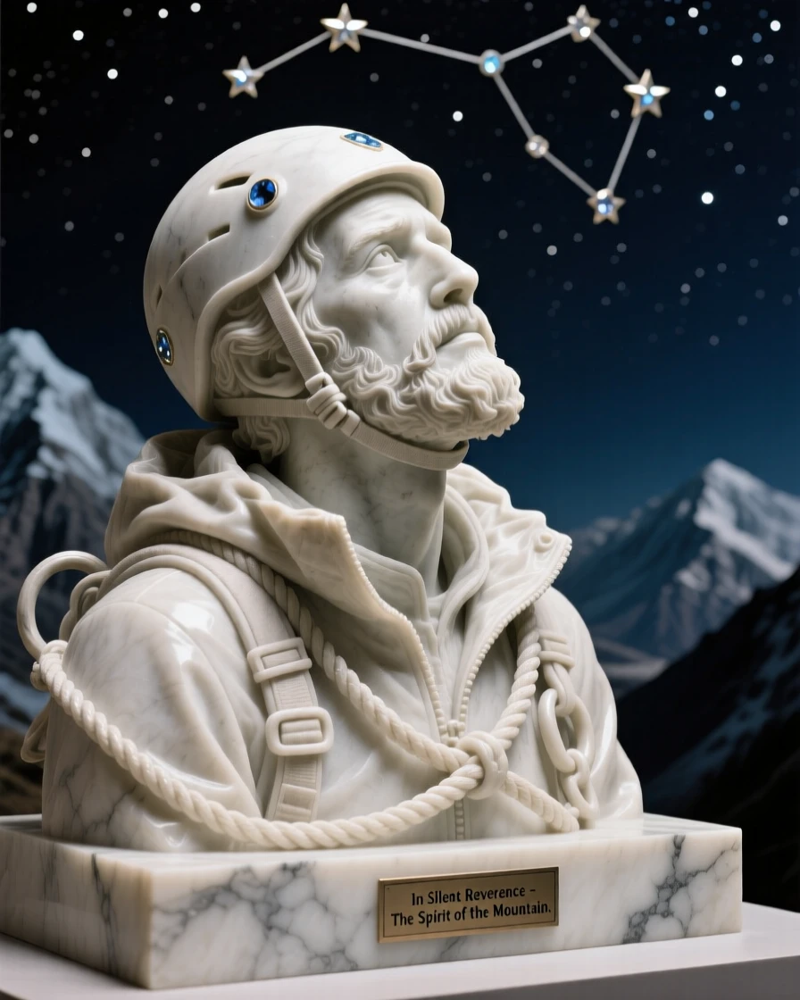A close-up portrait of a mountain climber, lost in quiet contemplation, under a star-filled night sky, radiating quiet emotion and dignity