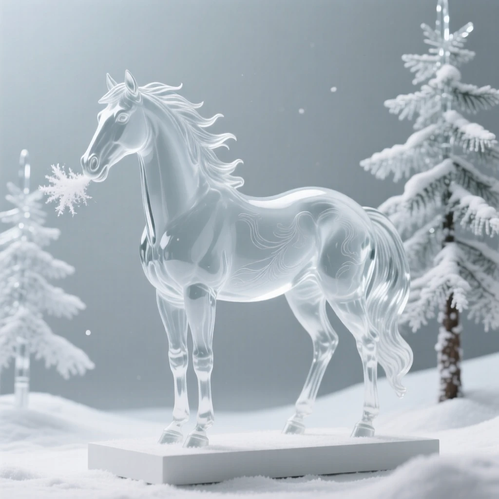 A wild horse in a snow-dusted pine forest, breath visible in the cold air, soft winter light giving the scene a hushed, peaceful feeling.
