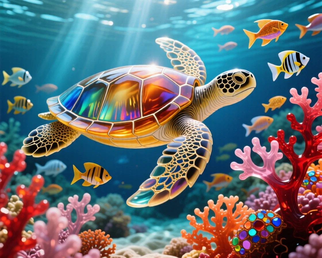 A sea turtle gliding through a sunlit coral reef, tranquil and ancient, schools of tropical fish swirling around it.