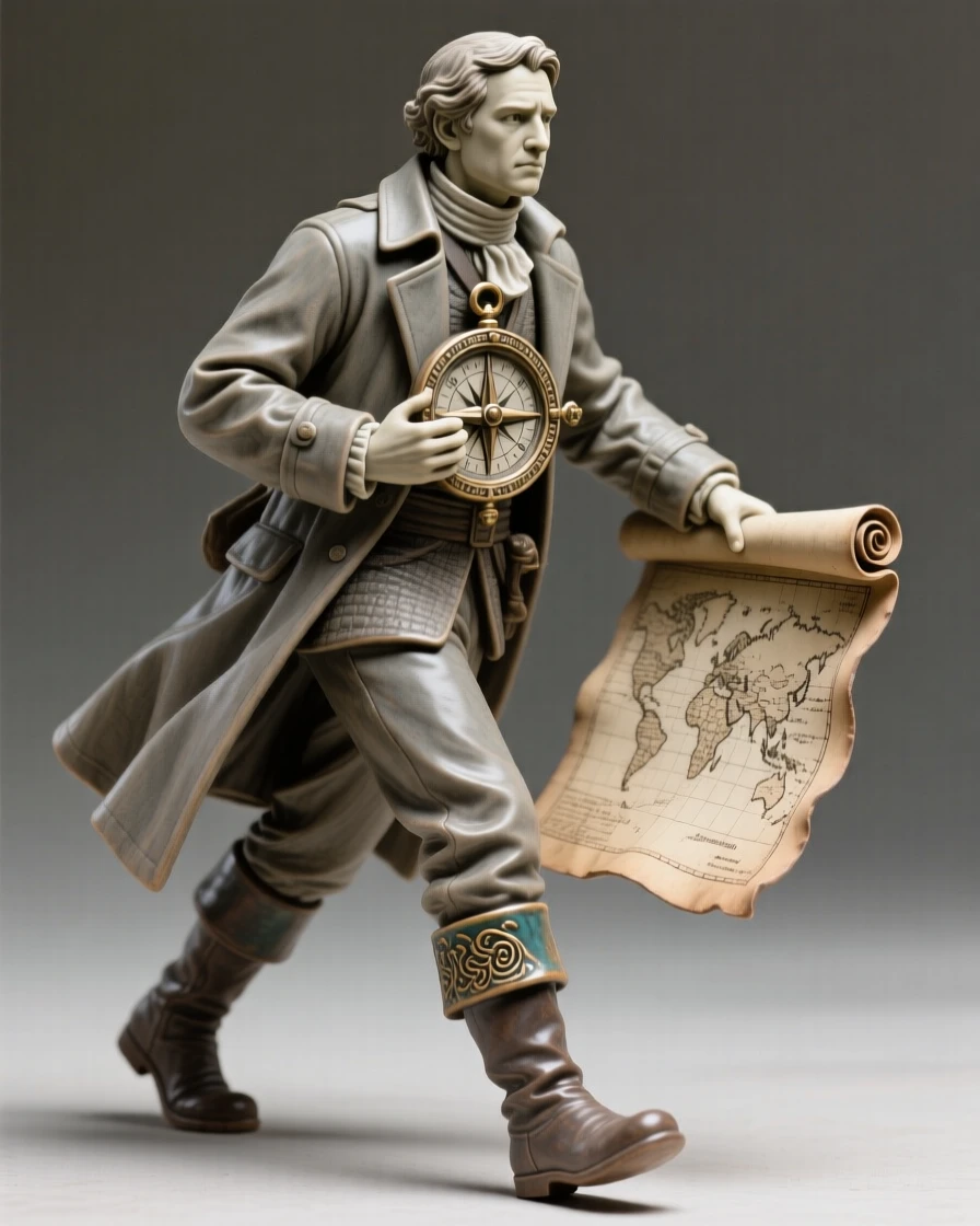 A explorer studying an old world map striding forward with purposeful authority, holding an artifact steeped in history, evoking reverence for ancient tradition.