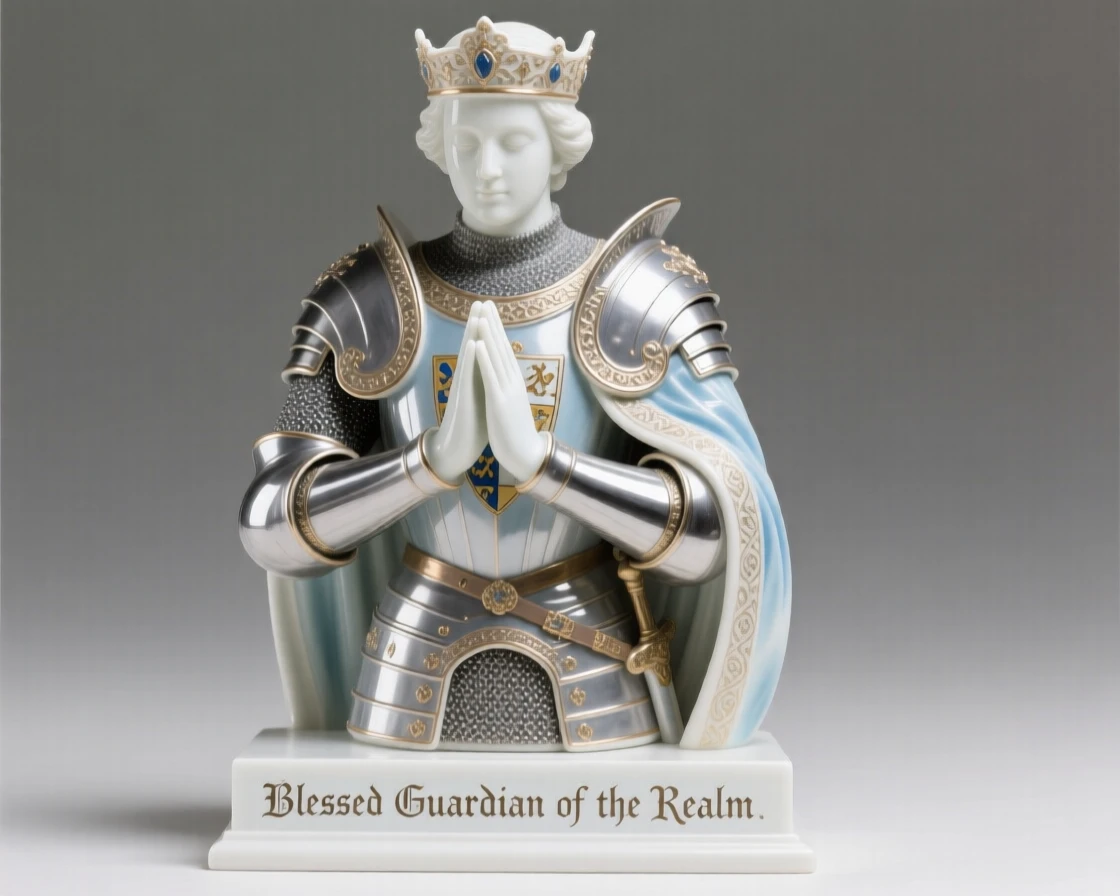 A regal medieval knight offering a blessing with open palms, adorned in richly detailed regalia.
