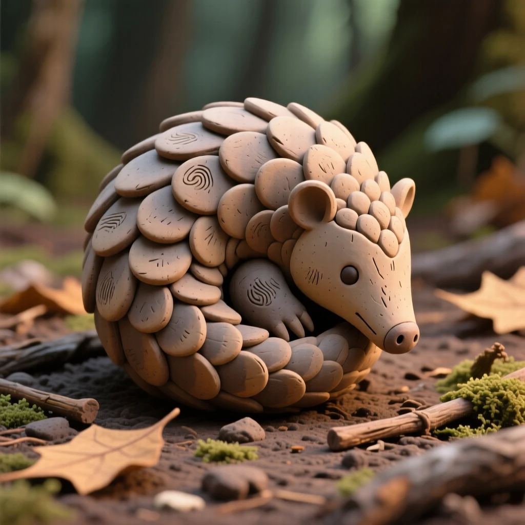A pangolin curled into a perfect protective ball on a forest floor