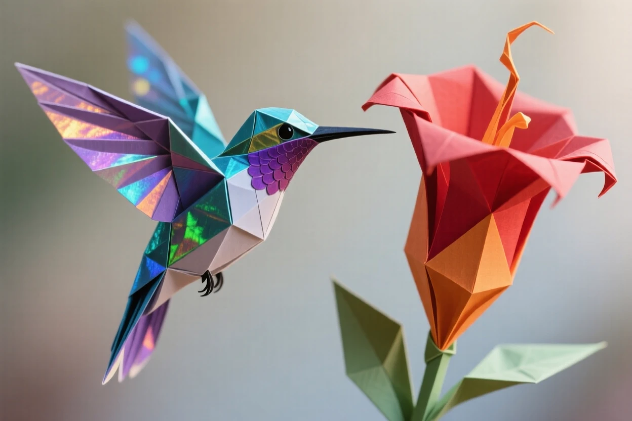 A hummingbird hovering beside a trumpet-shaped flower with wings blurred in motion, iridescent feathers catching sunlight.